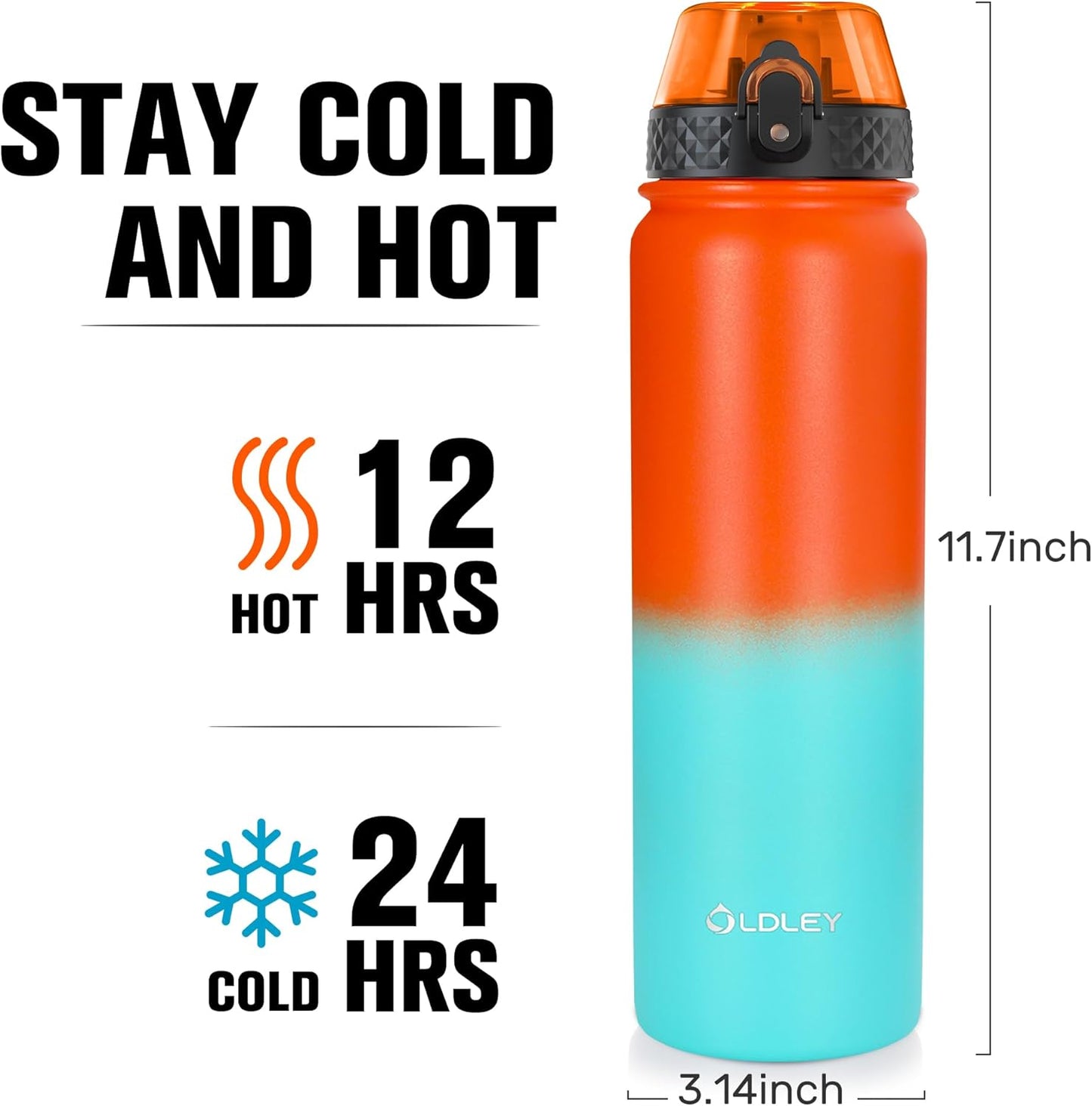 Oldley Insulated Water Bottle 20oz for Adults Kids Stainless Steel Water Bottles with Straw/Chug/Carabiner 3 Lids Fruit Strainer Double Wall Vacuum Wide Mouth BPA Free Leak-Proof for School Travel