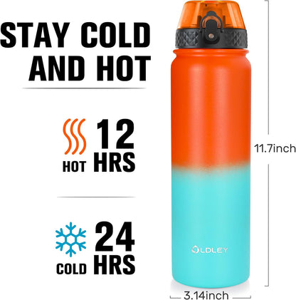 Oldley Insulated Water Bottle 20oz for Adults Kids Stainless Steel Water Bottles with Straw/Chug/Carabiner 3 Lids Fruit Strainer Double Wall Vacuum Wide Mouth BPA Free Leak-Proof for School Travel