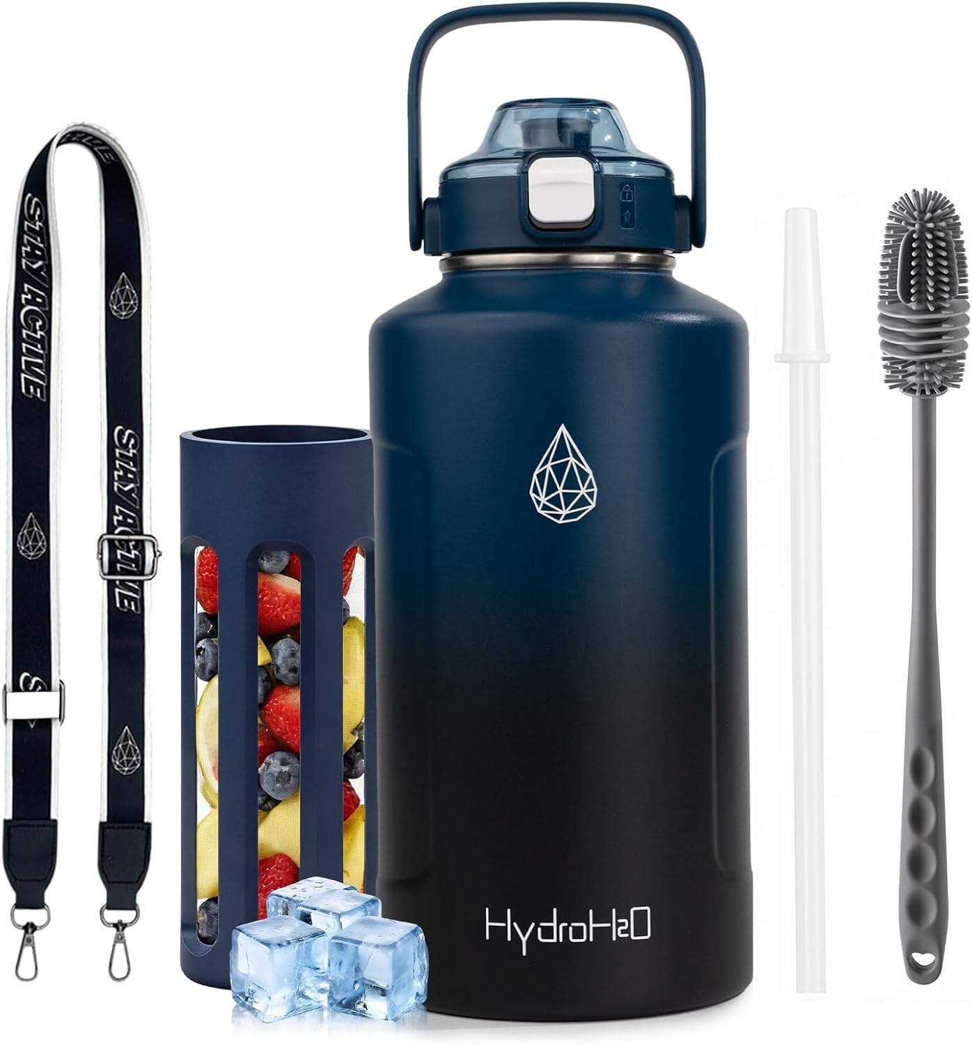 64oz Half Gallon Fruit Infuser Insulated Stainless Steel Water Bottle Jug, 48H Cold & 24H Hot, Large Capacity for Travel Hiking Mountain Climbing Black