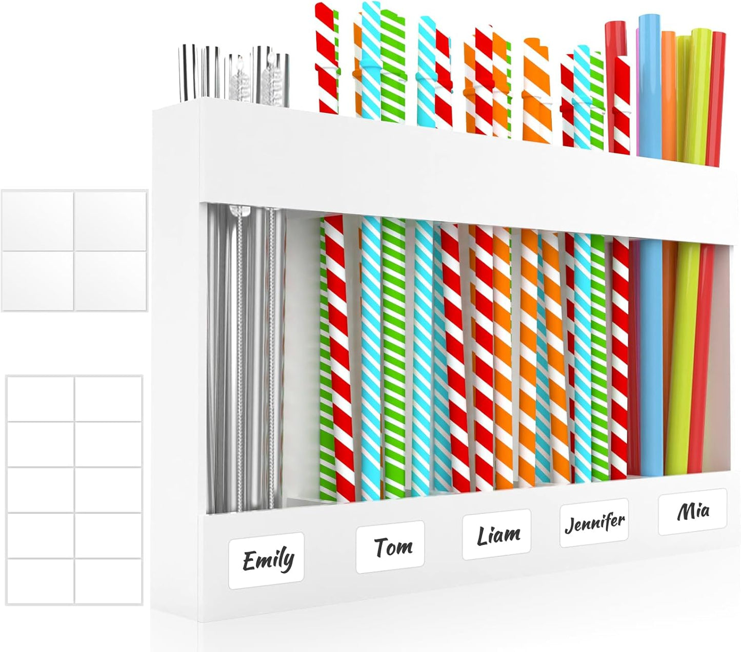 9.5” Large Acrylic Straw Holder for Cabinet Door with Detachable Ultra Sticky Adhesive Squares and Stickers, 2026 Reusable Straws Organizer Storage Dispenser for Kitchen Counter Cupboard