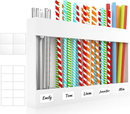 9.5” Large Acrylic Straw Holder for Cabinet Door with Detachable Ultra Sticky Adhesive Squares and Stickers, 2026 Reusable Straws Organizer Storage Dispenser for Kitchen Counter Cupboard