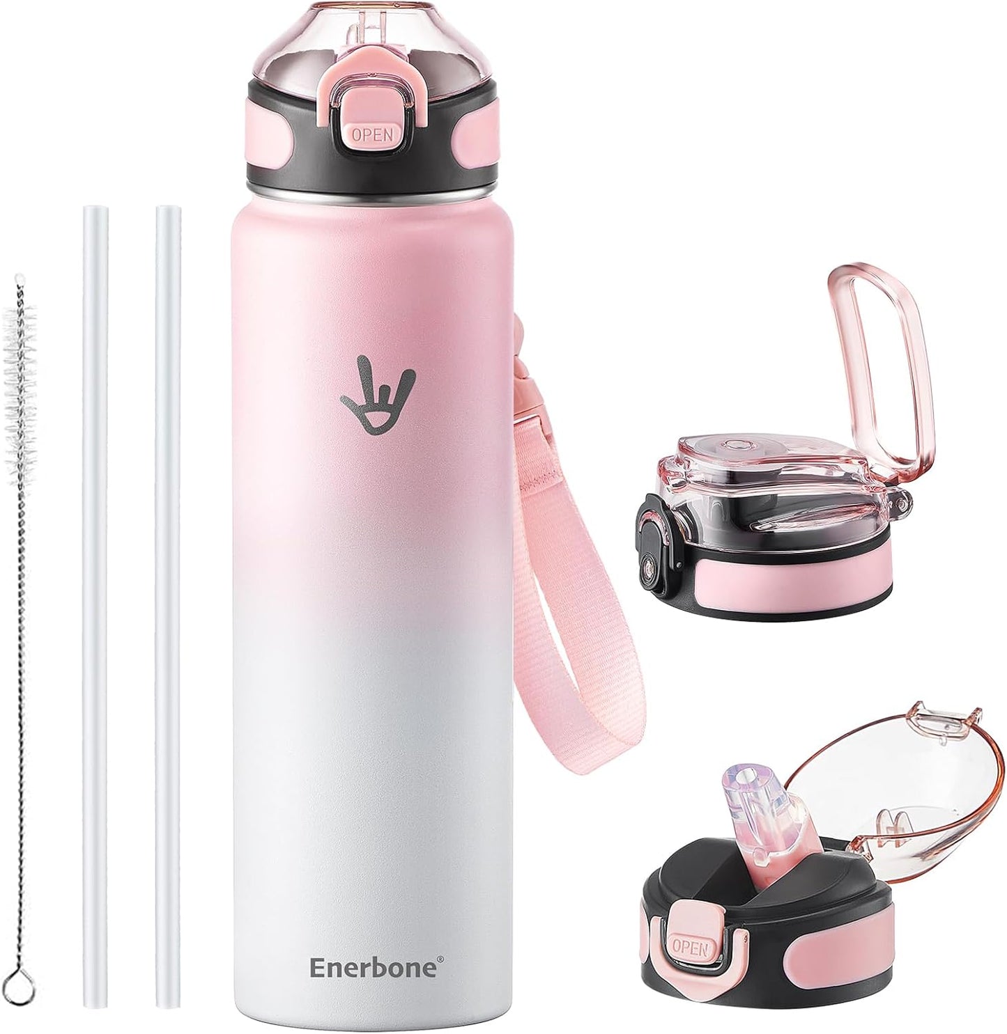 Enerbone 24 oz Insulated Water Bottle, Stainless Steel Bottle with Carrying Strap, Double-Wall Vacuum Insulation Design, Leakproof Sports Bottle with Straw, Keep Drinks Cold or Hot for Hours