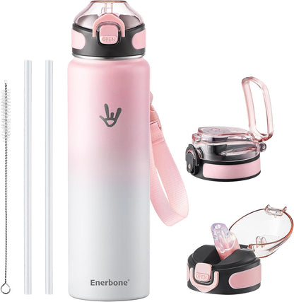 Enerbone 24 oz Insulated Water Bottle, Stainless Steel Bottle with Carrying Strap, Double-Wall Vacuum Insulation Design, Leakproof Sports Bottle with Straw, Keep Drinks Cold or Hot for Hours