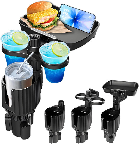 Car Cup Holder Tray - 4-in-1 Universal Car Cup Holder Expander with Snack Table and 3 Drink Mount for Automotive Road Trip, Driver and Front Passenger Organizer for Trucks, SUVs, Minivans