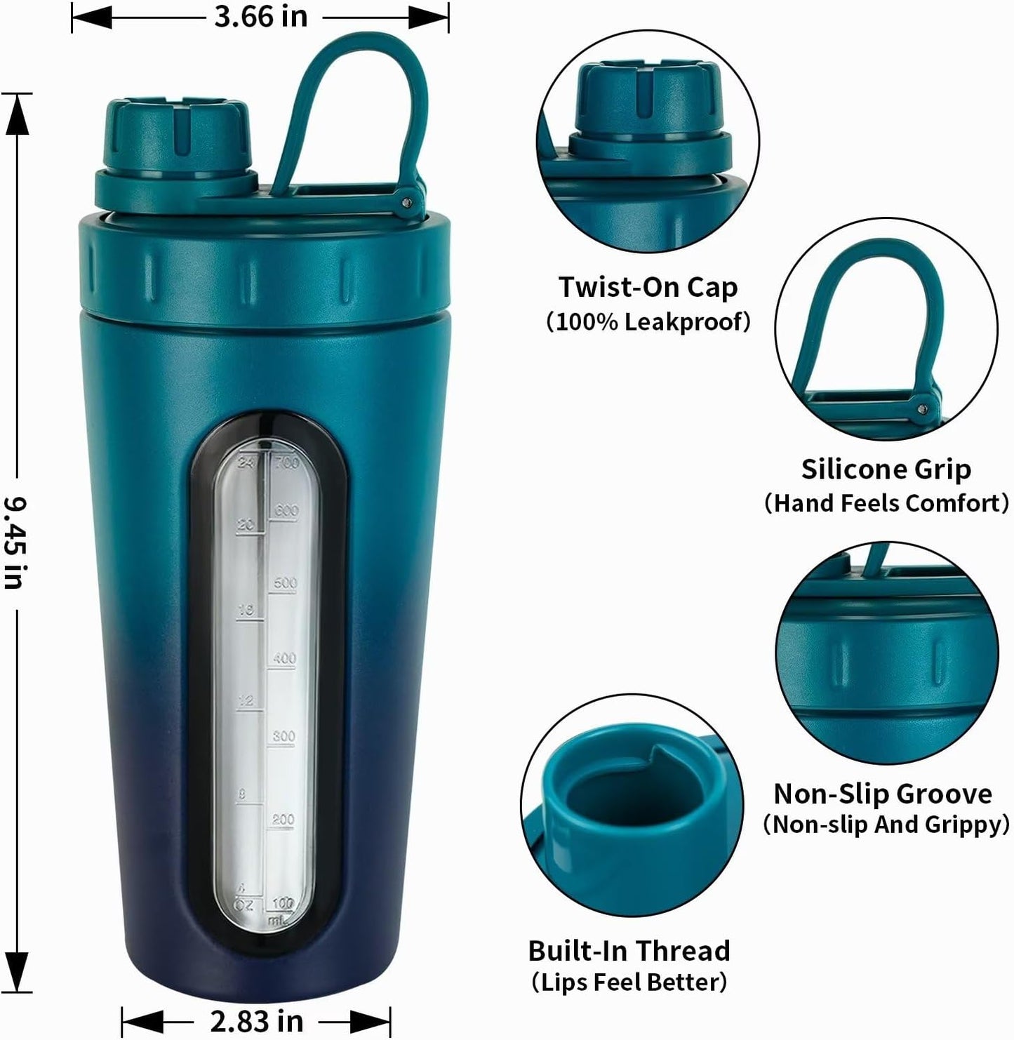 TOOFEEL Shaker Bottles for Protein Mixes 28 oz Stainless Steel Protein Shaker with 2 Mixing Ball, Not Stays Cold/Hot, Visible Window Metal Shaker Cups, Leakproof, BPA Free Bottle Shaker