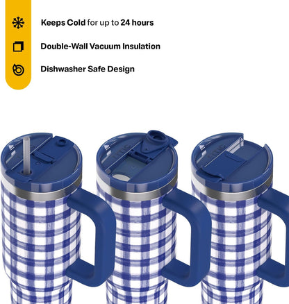 RTIC 30 oz Road Trip Tumbler Double-Walled Ceramic Lined InsulatedStainless Steel Portable Travel Coffee Mug Cup with Lid, Handle and Straw, Periwinkle Bouquet