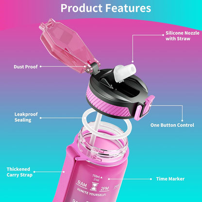 QLUR Water Bottle with Straw, 32oz Motivational Water Bottles with Time Marker to Drink, Tritan BPA Free, 1L Sports Water Bottle with Carry Strap LeakProof for Women Gym Fitness Outdoor (1 Pack)
