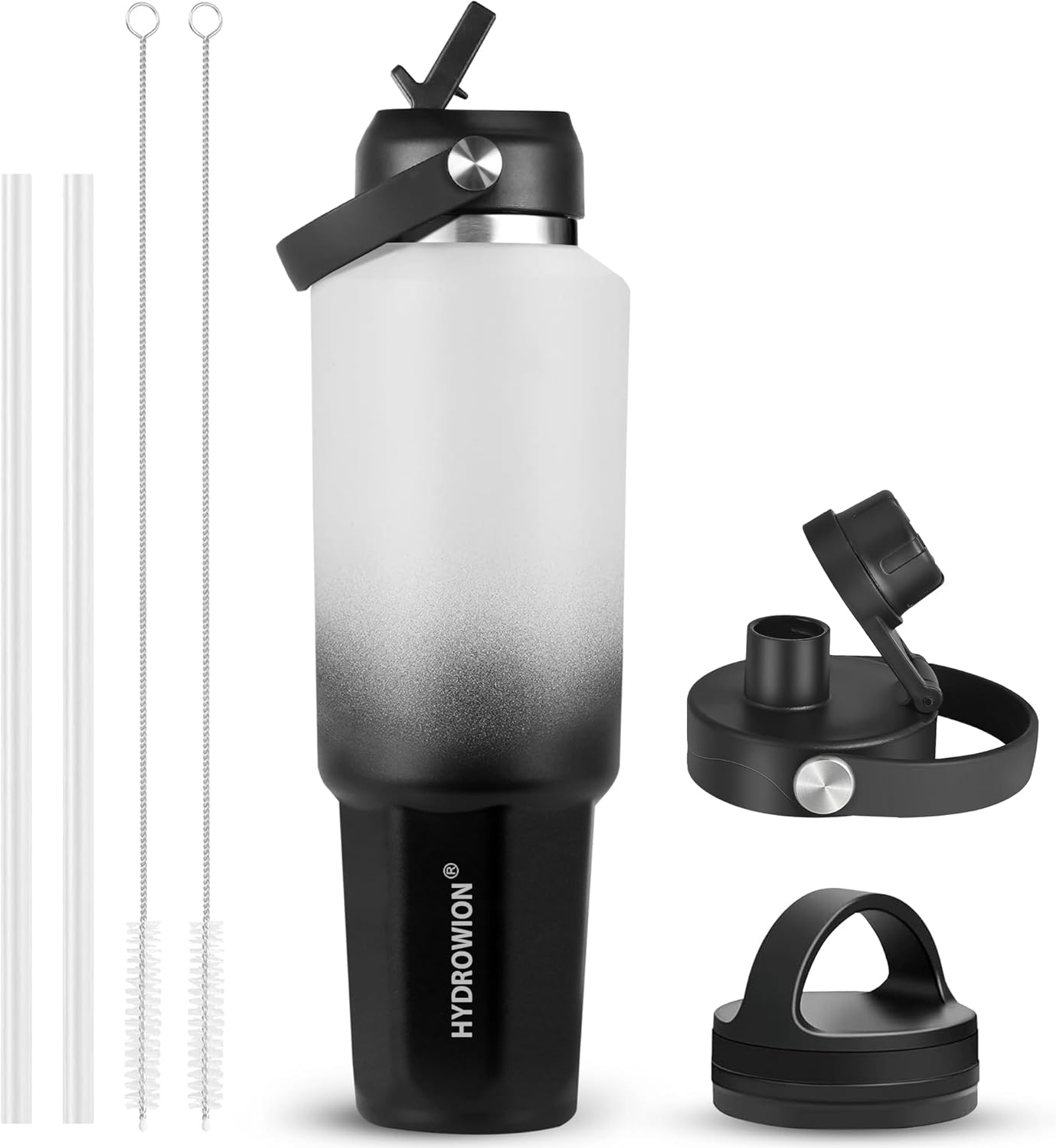 HYDROWION 32oz Stainless Steel Water Bottle(Cold for 48 Hrs, Hot for 24 Hrs),Double Wall Vacuum Insulated Water Bottle with Straw Lid, Spout Lid and Flex Cap, Fit in Any Car Cup Holder,Black