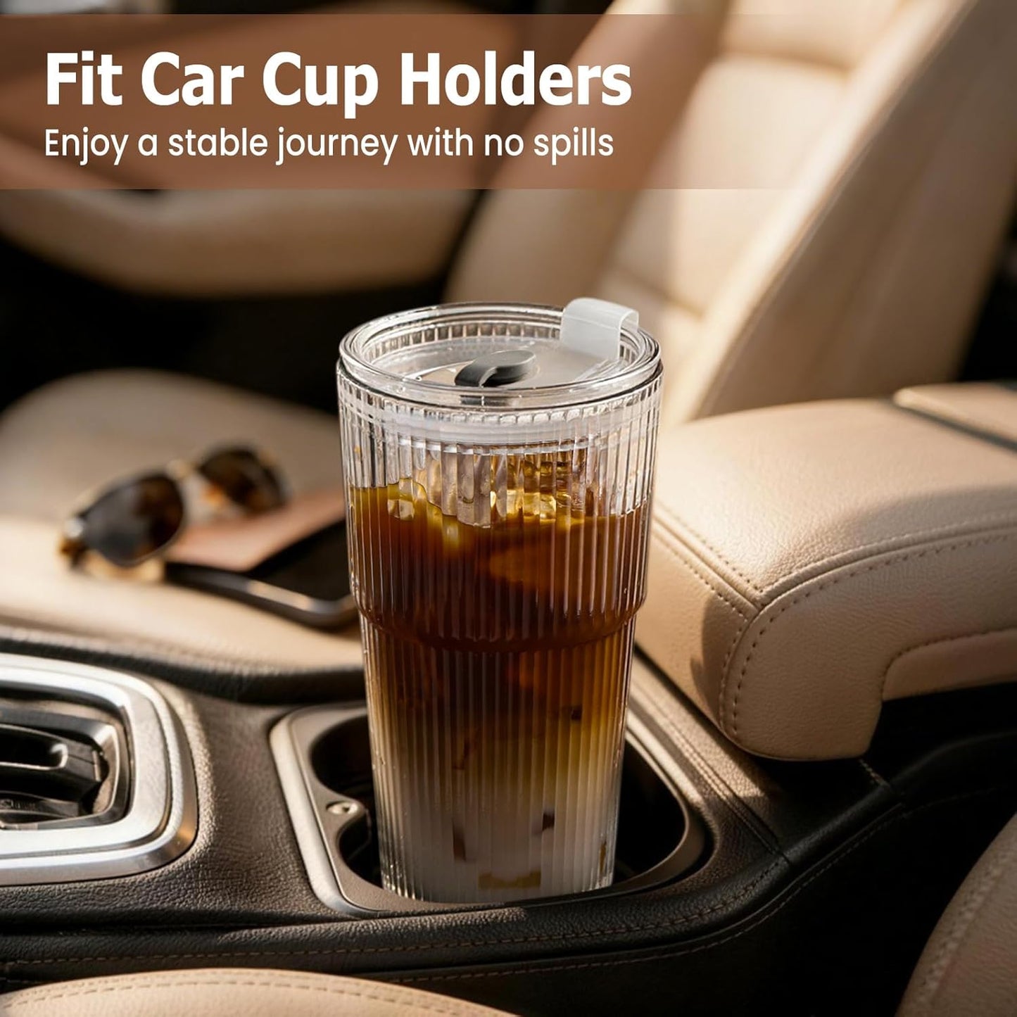 TUZAZO 20 Oz Ribbed Glass Tumblers with Lids and Straws - 4 Pack Reusable Glass Coffee Cups with Straws and Lids, Thicken Glass, Ideal for To Go Iced Coffee