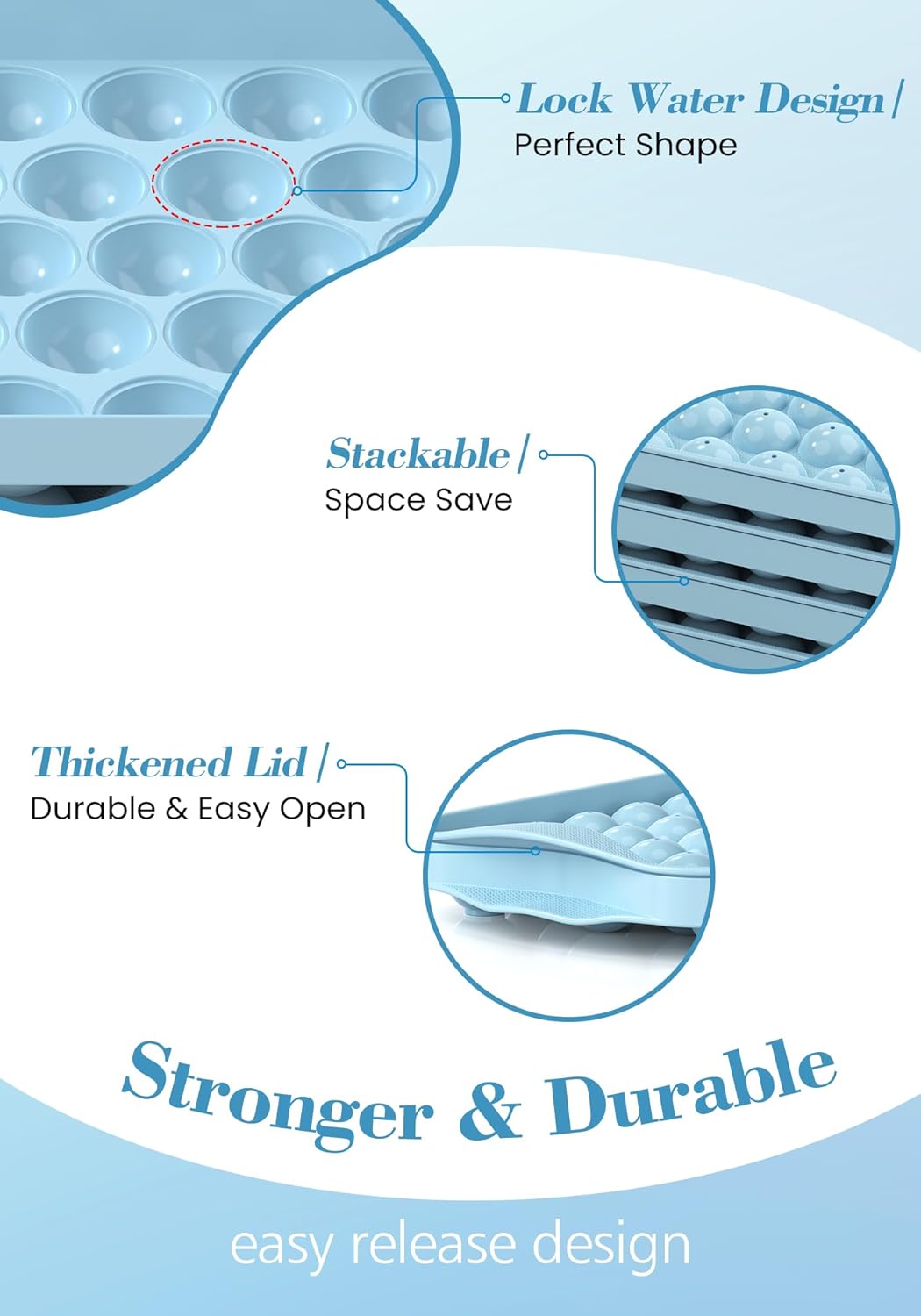 DOQAUS Ice Cube Trays with Lid and Bin, Easy Twist Release 0.8 Inch Mini Ice Balls, BPA-Free Food-Grade Ice Molds for Freezer, Iced Coffee, Cocktails (4 Pack)