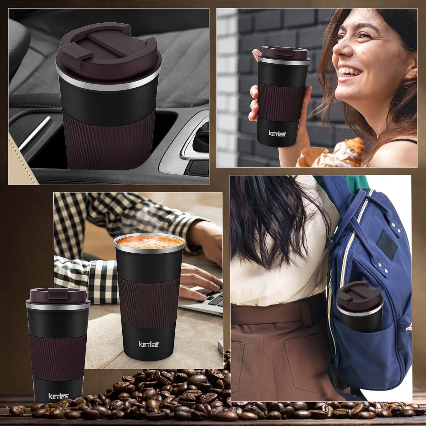 KETIEE Travel Coffee Mug Spill Proof 12oz, Insulated Travel Mug to Go, Reusable Coffee Cup with Seal Lid, Vacuum Stainless Steel Tumbler for Hot/Cold Drinks (Red)