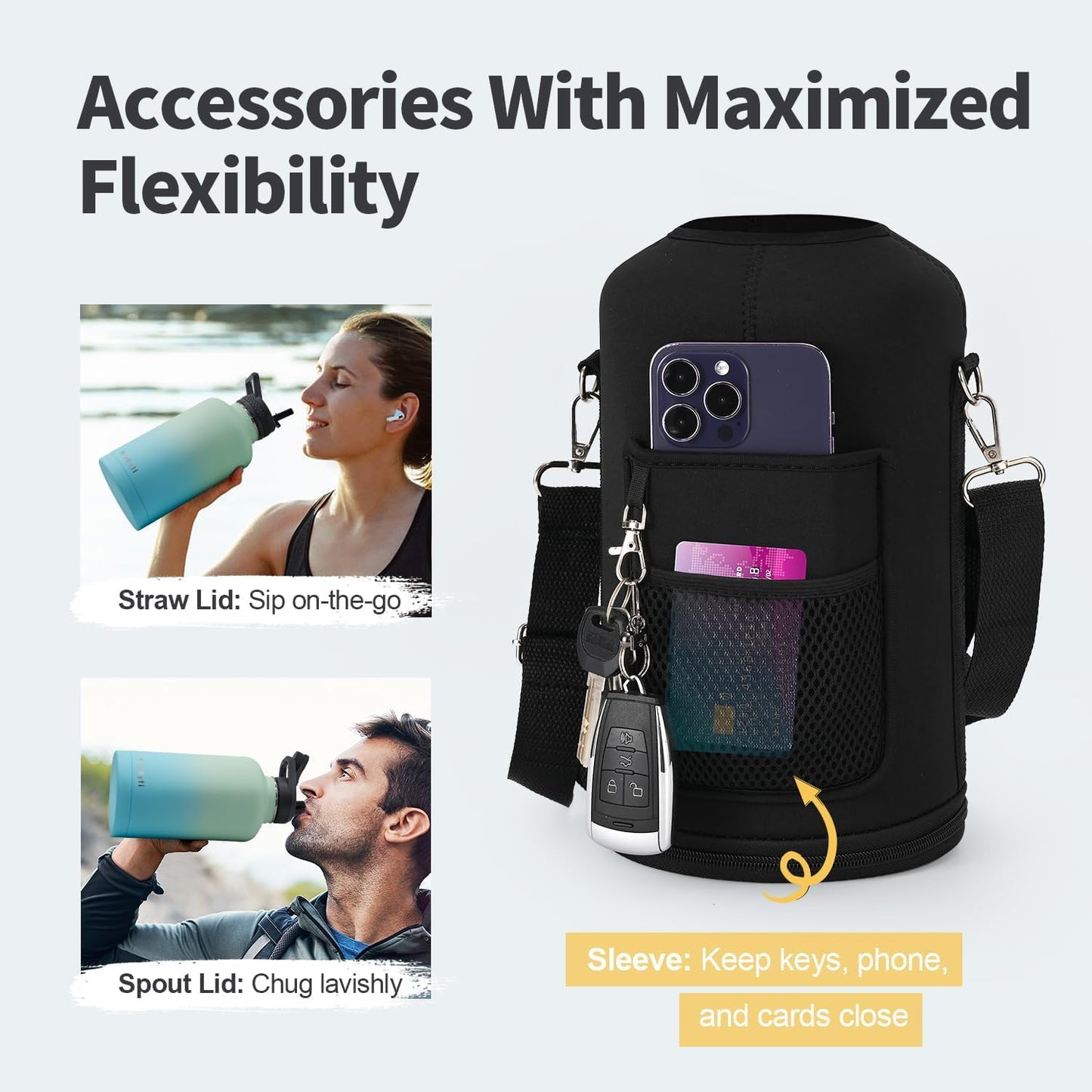 WixByti 40 oz Insulated Water Bottle with Straw (Cold for 36 Hrs), Stainless Steel Triple Wall Vacuum Sports Water Jug, Leakproof Hydro Cup Flask with Paracord Handle & Straw Spout Lids & DIY Stickers