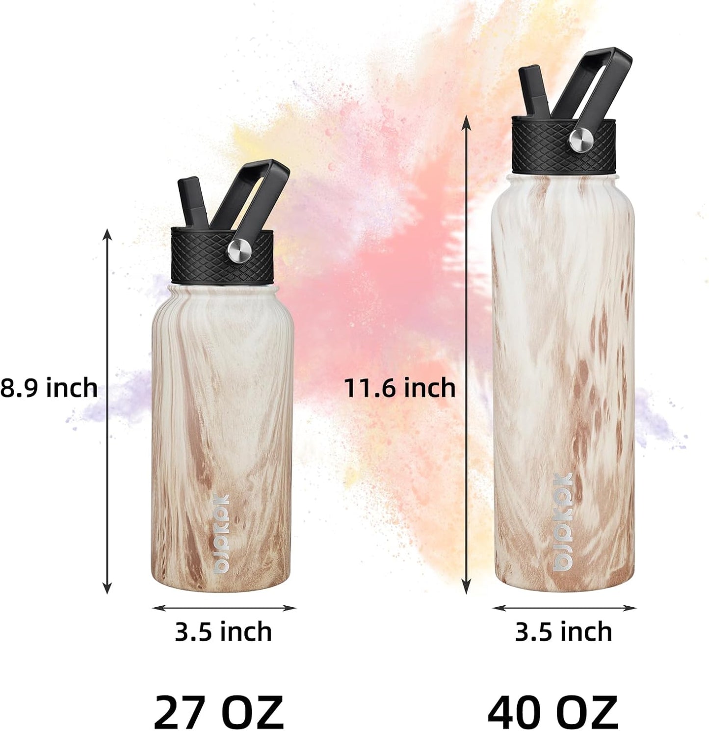 BJPKPK Insulated Water Bottles with Straw Lid, 40oz Stainless Steel Water Bottles with 3 Lids, BPA Free Leakproof Thermo, Tumblers, Cups for Sports, Gym- Midnight - Colors A