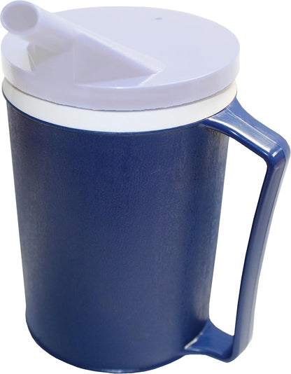 Rehabilitation Advantage Insulated Blue Mug 2-Pack – 12 oz Adaptive Mugs with Easy-Grip Handles, Spill-Resistant Snorkel Lids, Durable Lightweight Plastic for Hot/Cold Drinks & Limited Hand Strength
