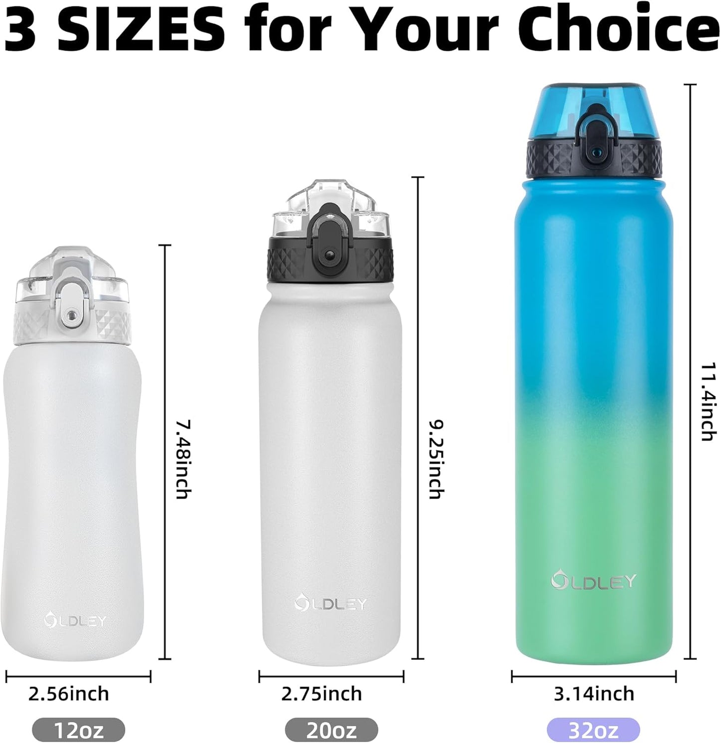 Oldley Insulated Water Bottle 20oz for Adults Kids Stainless Steel Water Bottles with Straw/Chug/Carabiner 3 Lids Fruit Strainer Double Wall Vacuum Wide Mouth BPA Free Leak-Proof for School Travel