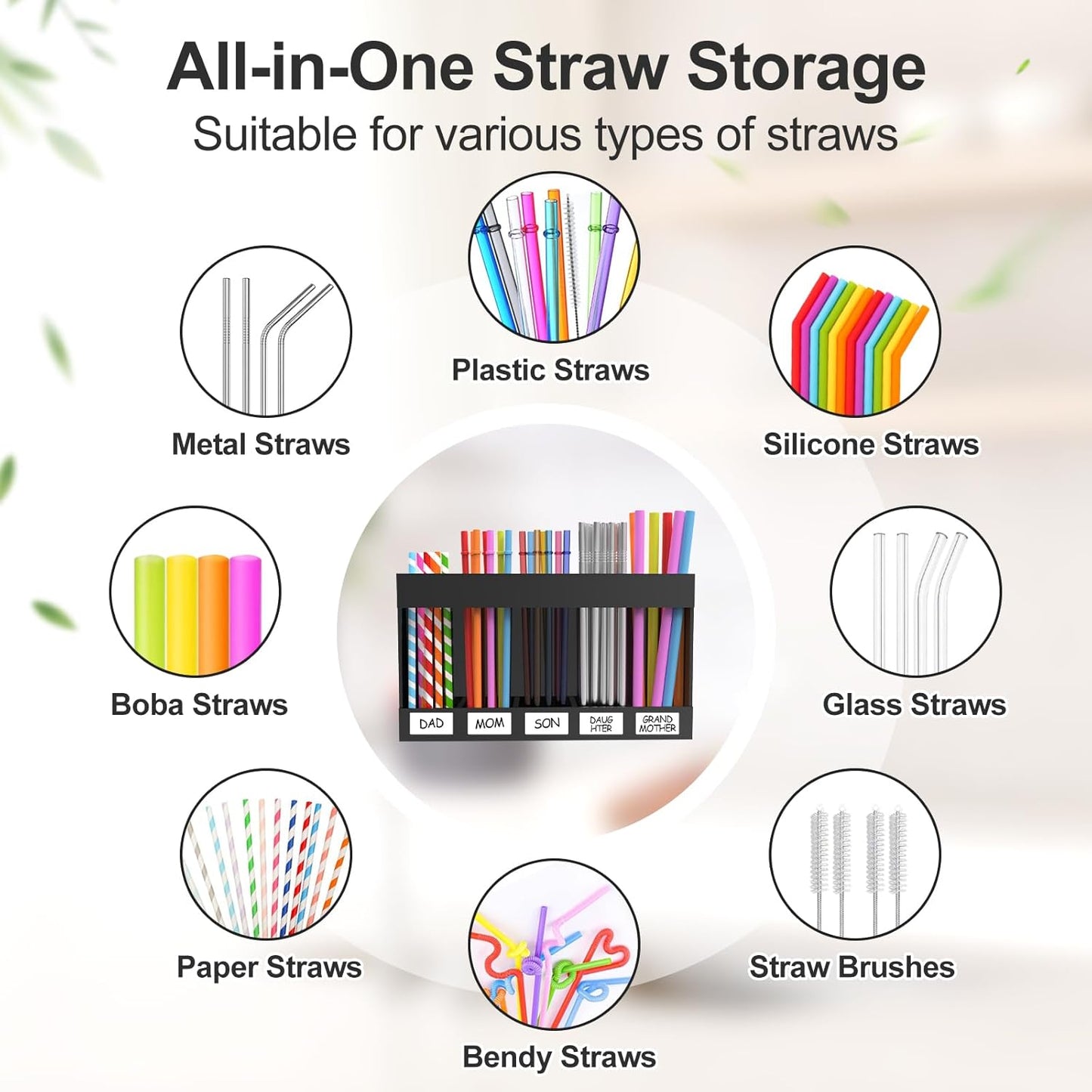 9.5” Large Acrylic Straw Holder for Cabinet Door with Detachable Ultra Sticky Adhesive Squares and Stickers, 2026 Reusable Straws Organizer Storage Dispenser for Kitchen Counter Cupboard
