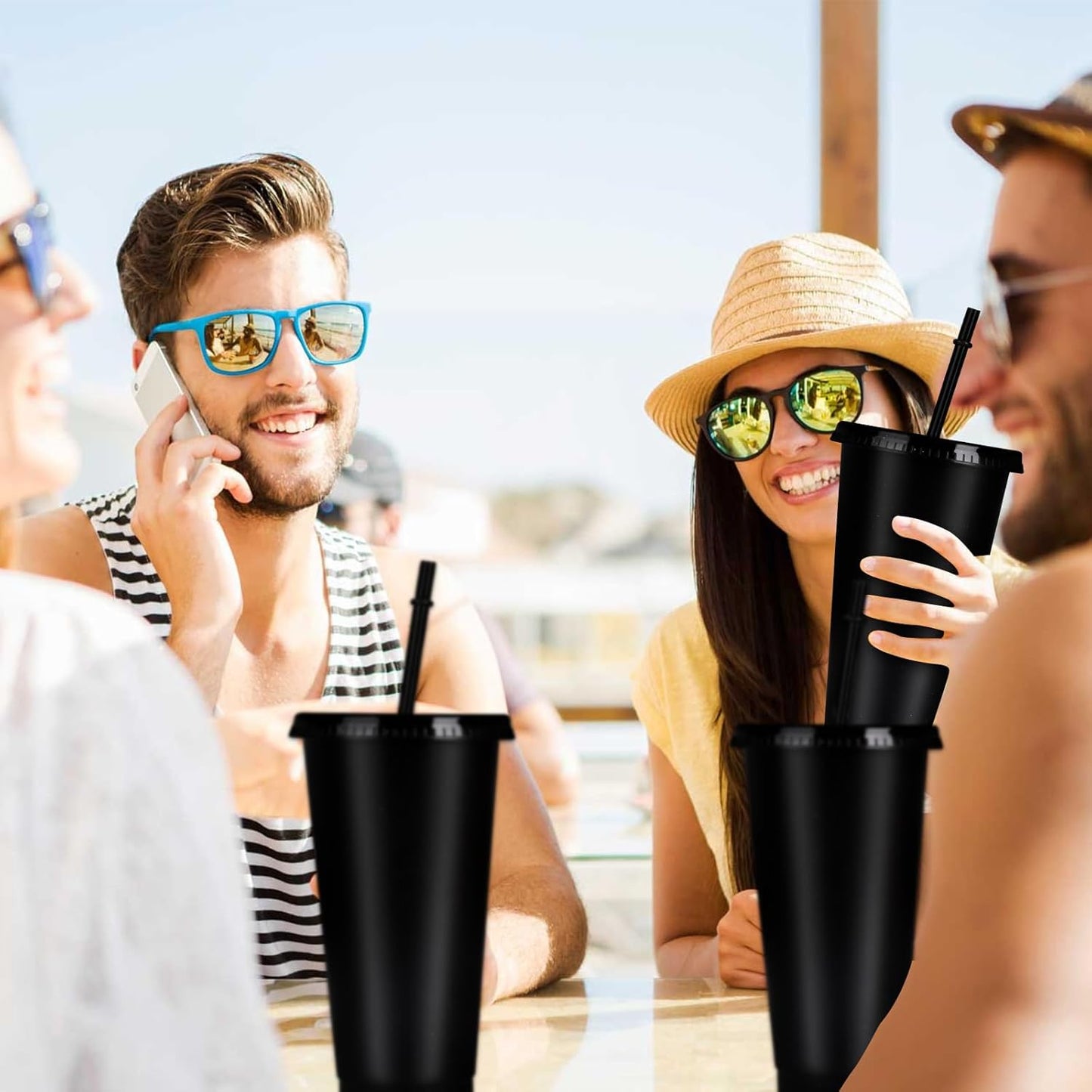 Hxezoc 16-Piece Reusable Cups with Lids and Straws, 24 oz Glitter Plastic Tumbler Iced Coffee Cups Travel Mug Cup for Smoothie Juices Beach or Bachelor Party (Black)