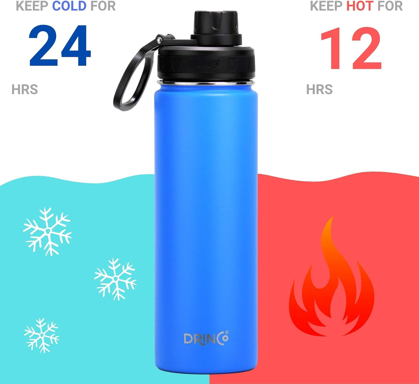 Drinco Stainless Steel Water Bottle Spout Lid Vacuum Insulated Double Wall Water Bottle Wide Mouth (40oz 32oz 22oz 18oz 14oz) Leak Proof Keep Cold Sport Camping Hiking (22 oz, 22oz Black)