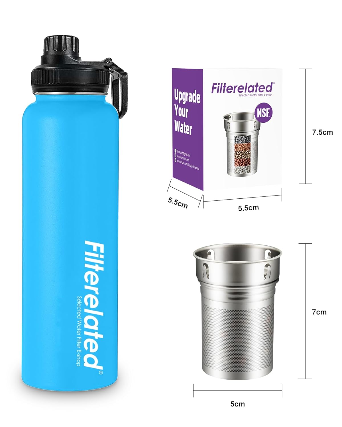 Filterelated 30oz Stainless Steel Portable Alkaline Filter Water Bottle, Creates Up to 9+ Ph of Quality Water, Sports Travel Water Bottle, Removes Water Impurities