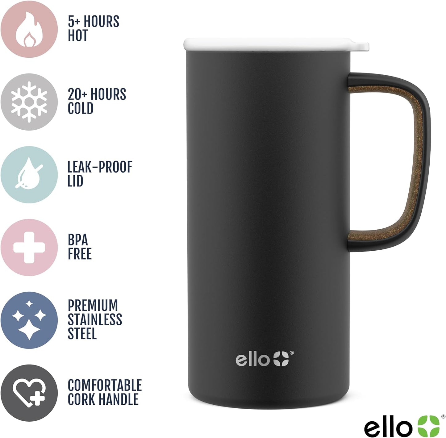 Ello Campy 18oz Stainless Steel Travel Mug with Handle and Leak Proof Lid | Vacuum Insulated Coffee Cup for Hot or Cold Drinks | Reusable, BPA Free | Gift for Coffee Lovers, Matte Black