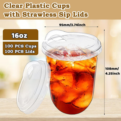 Alaeseje 50 Pack Clear Plastic Cups with Strawless Sip Lids,16 oz Iced Coffee Cups with Lids,Disposable PET Crystal Cups,Round Bottom To Go Cup for Iced Coffee Juice Smoothie Cold Beverage