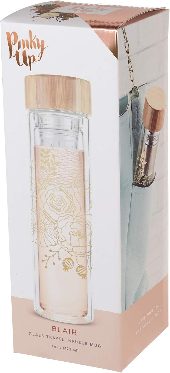 Pinky Up Blair Travel Tea Infuser Mug, Double Walled Insulated Travel Tumbler with Loose Leaf Tea Strainer, Travel Coffee Mug, Keeps Drinks Hot or Cold, 16 oz, White Leaf