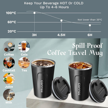 YINBAOGE Insulated Travel Coffee Mug, Spill & Leak Proof, Portable To Go Camping Stainless Steel Coffee Tumbler, Reusable Thermal Coffee Cup with Lid for Hot & Cold Drinks (Black, 12 OZ)