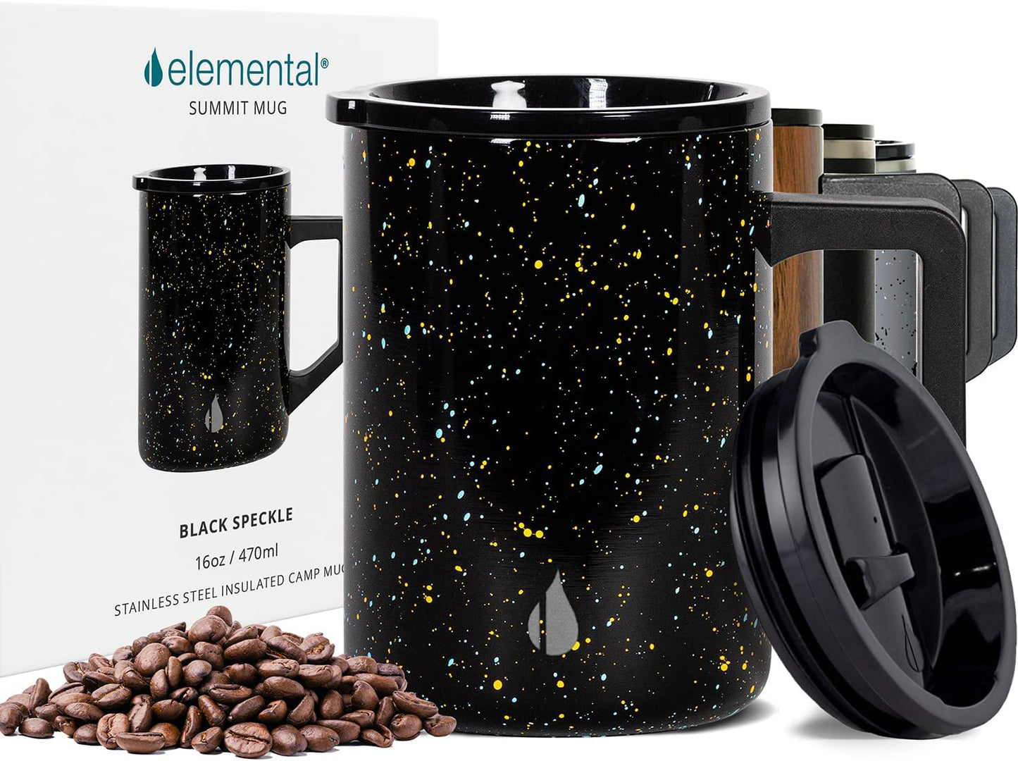 Elemental Insulated Coffee Mug - Triple-Wall Stainless Steel Summit Travel Cup for Hot and Cold Drinks - Thermal Coffee Mug with Lid and Handle for Camping, Office & Travel 16oz - Rainbow Speckle
