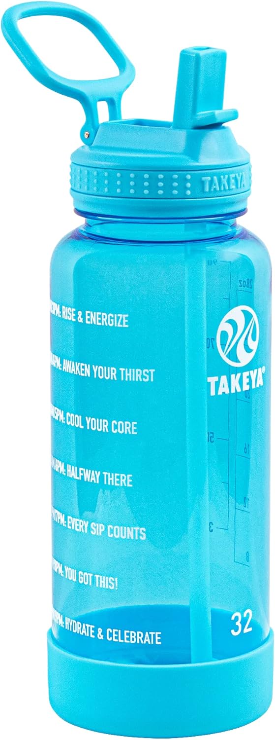 Takeya Motivational Water Bottle with Straw Lid and Time Marker (64 oz, Vivacity Purple) - Leakproof, BPA Free Water Bottle for Daily Intake Tracking