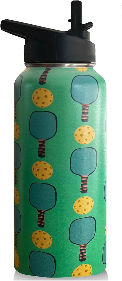 32oz Pickleball Water Bottle Insulated Vacuum Stainless Steel Tumbler Travel Mugs With Straw for Game Sport,Pickleball Accessories