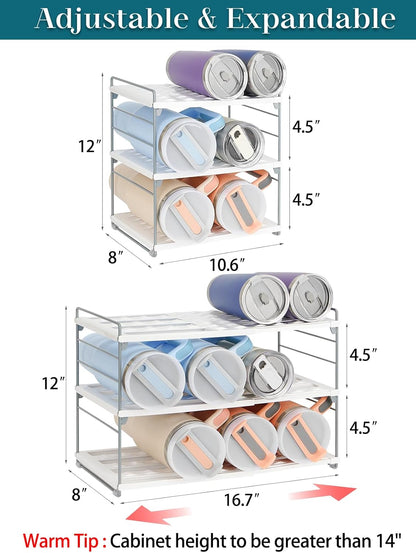 10.6-16.7" Adjustable Width Water Bottle Organizer for Cabinet, 3-Tier Expandable Water Bottle Holder Rack, Cup and Tumbler Storage for Kitchen Organization, Sports Flask, Insulated Travel Mug, Fridge