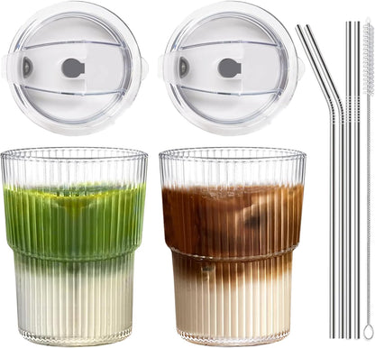 16 OZ Iced Coffee Cups with Lids and Straws Set of 4, Unbreakable Plastic Drinking Glasses Reusable Iced Coffee Glass to Go Cup for Iced Tea,Juice, Water,BPA Free, Dishwasher Safe