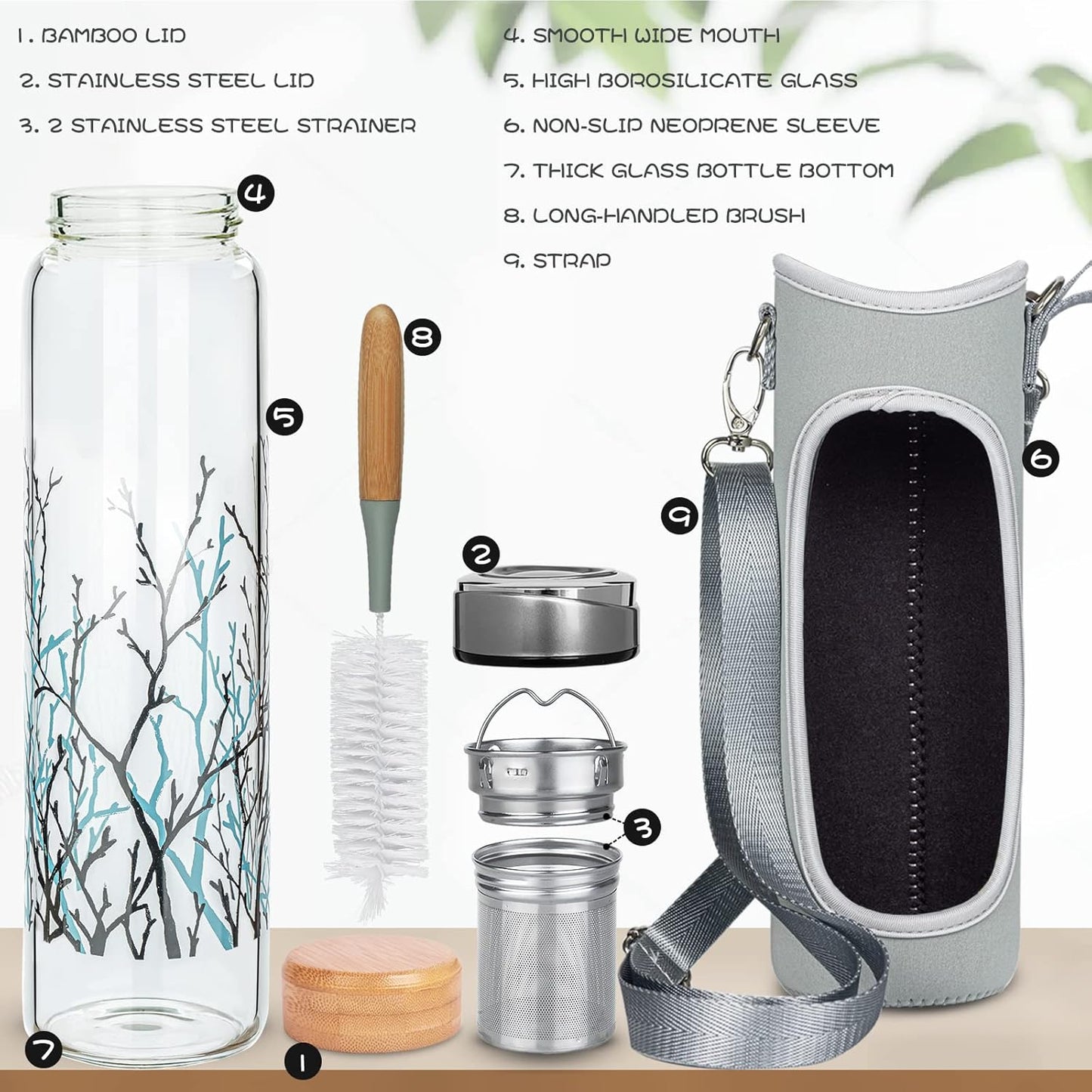32oz Borosilicate Glass Water Bottle with Tea Infuser, Tea Tumbler with Strainer, Reusable Travel Mug with Sleeve & 2 Lids, Glass Drinking Bottle for Hot or Cold Drinks