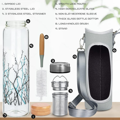 32oz Borosilicate Glass Water Bottle with Tea Infuser, Tea Tumbler with Strainer, Reusable Travel Mug with Sleeve & 2 Lids, Glass Drinking Bottle for Hot or Cold Drinks