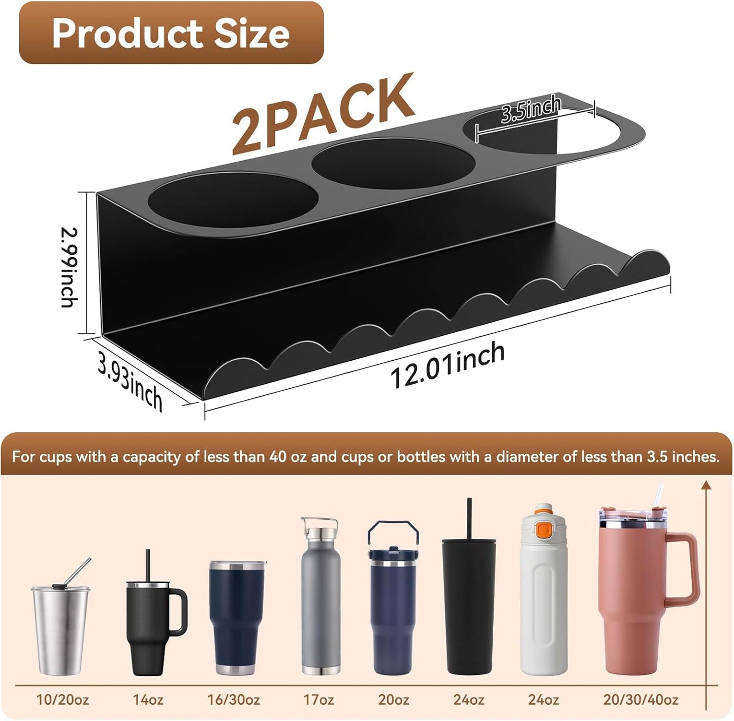 Magnetic Stanley Cup Holder for Fridge, Water Bottle Holder for Stanley 30&40 oz and Tumbler Organizer for Kitchen, Metal Stanley Cup Accessories, 2 Pack, Black