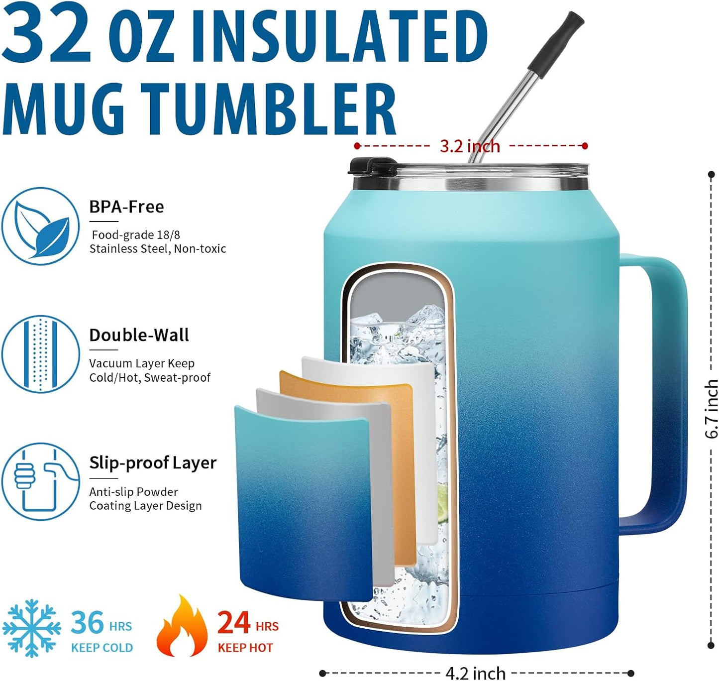 50 oz Insulated Tumbler with Handle and Straw - Stainless Steel Double Wall Coffee Mug, 2-in-1 Lid Metal Water Bottle, 36H Cold 24H Hot Travel Hydro Cup Jug with Silicone Boot