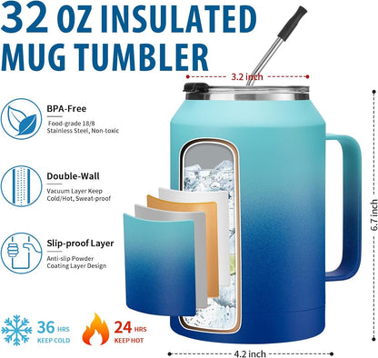 50 oz Insulated Tumbler with Handle and Straw - Stainless Steel Double Wall Coffee Mug, 2-in-1 Lid Metal Water Bottle, 36H Cold 24H Hot Travel Hydro Cup Jug with Silicone Boot