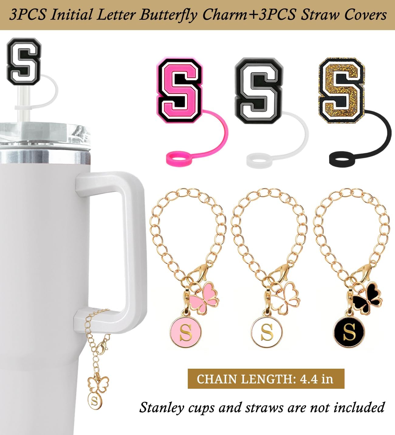 （3 +3) 3PCS Nuozme Straw Cover 10mm For Stanley Tumbler Cup Reusable Straw Cap Topper with 3 Initial Letter Charms Accessories Name ID Personalized Handle Charm For Stanley 30&40 Oz Cup Tumbler - Colors B
