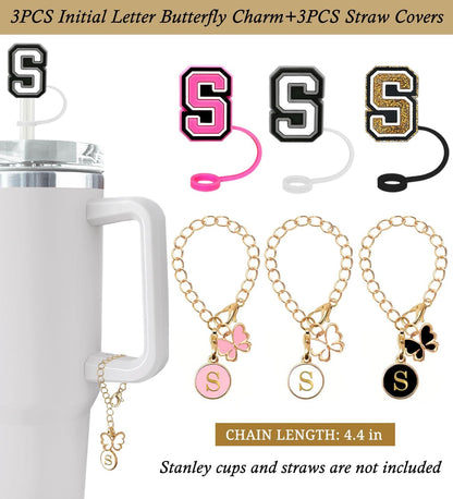 （3 +3) 3PCS Nuozme Straw Cover 10mm For Stanley Tumbler Cup Reusable Straw Cap Topper with 3 Initial Letter Charms Accessories Name ID Personalized Handle Charm For Stanley 30&40 Oz Cup Tumbler - Colors B