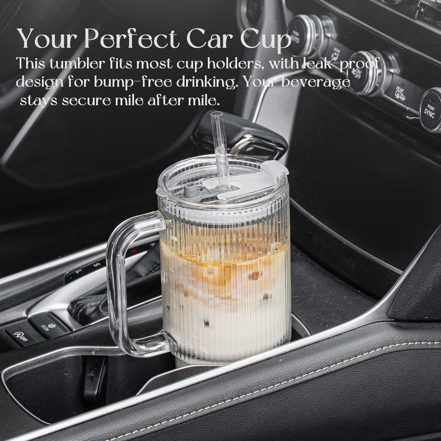 KEMORELA Large 26oz Clear Glass Mug with Handle and Sliding Lid – Aesthetic Ribbed Tumbler for Iced Coffee, Smoothies & Hot Drinks – Reusable Travel Cup with Straw, Dishwasher Safe (Ribbed Tumbler)