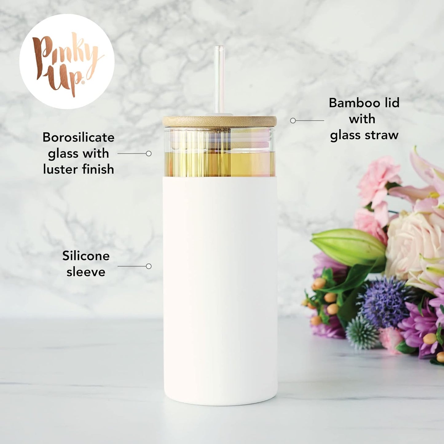 Pinky Up Blair Travel Tea Infuser Mug, Double Walled Insulated Travel Tumbler with Loose Leaf Tea Strainer, Travel Coffee Mug, Keeps Drinks Hot or Cold, 16 oz, White Leaf