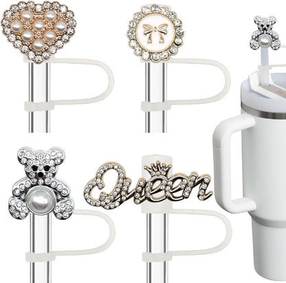 Bling Diamond Straw Cover for Stanley Cup Accessories - Silicone Straw Toppers with Silver Rhinestone fit 9-12mm Straws