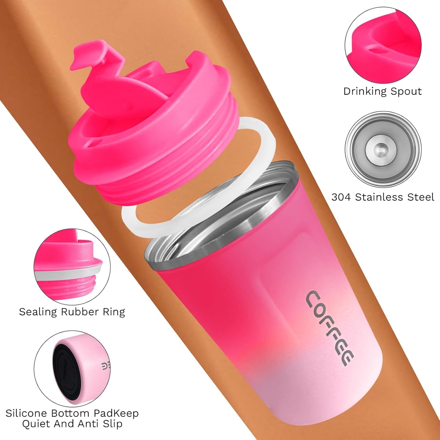 SPLMIFA Travel Coffee Mug Leak-Proof, Reusable Coffee Cups with Lids, Stainless Steel Vacuum Insulated Coffee Tumblers, Thermal Insulation Cup for Men and Women Hot & Cold Drinks(2nd-Green Pink, 12OZ)