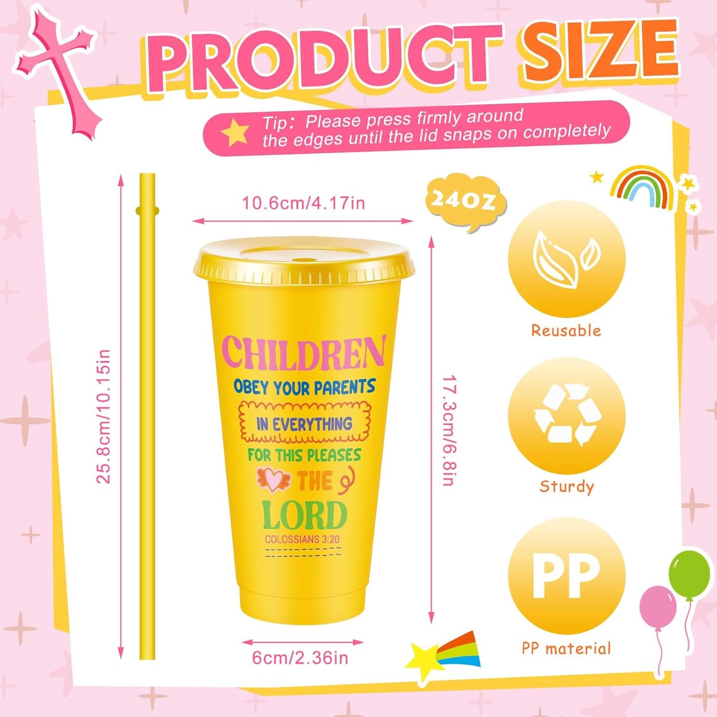 Uiifan 10 Pcs Christian Tumblers with Straws for Kids, Bible Verse Cups for VBS, Sunday School, Church Party Favors and Faith Gifts, Reusable Plastic Tumblers with Lids, 24 oz, White