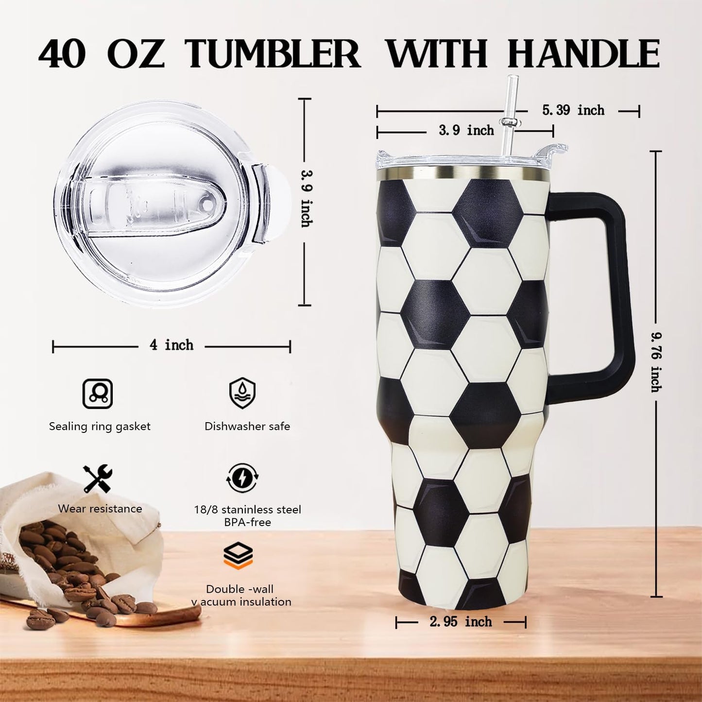Ceovfoi 40 oz Pickleball Coffee Mug Vacuum Insulated Travel Tumbler with Handle, Lid & Straw - Perfect Pickleball Gifts for Players, Coaches, Lovers | Pickleball Accessories