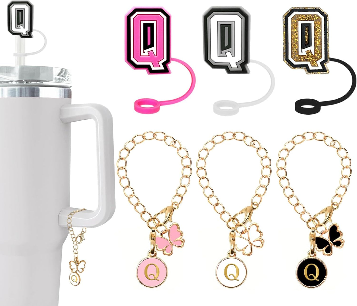 （3 +3) 3PCS Nuozme Straw Cover 10mm For Stanley Tumbler Cup Reusable Straw Cap Topper with 3 Initial Letter Charms Accessories Name ID Personalized Handle Charm For Stanley 30&40 Oz Cup Tumbler - Colors B