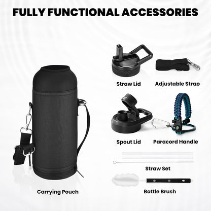 RAYMYLO One Gallon Water Bottle Insulated, Triple Walled Vacuum Stainless Steel (Cold for 48 Hrs), Leak Proof & Non-BPA, Large Water Flask Jug with Paracord Handle & Straw Spout Lids
