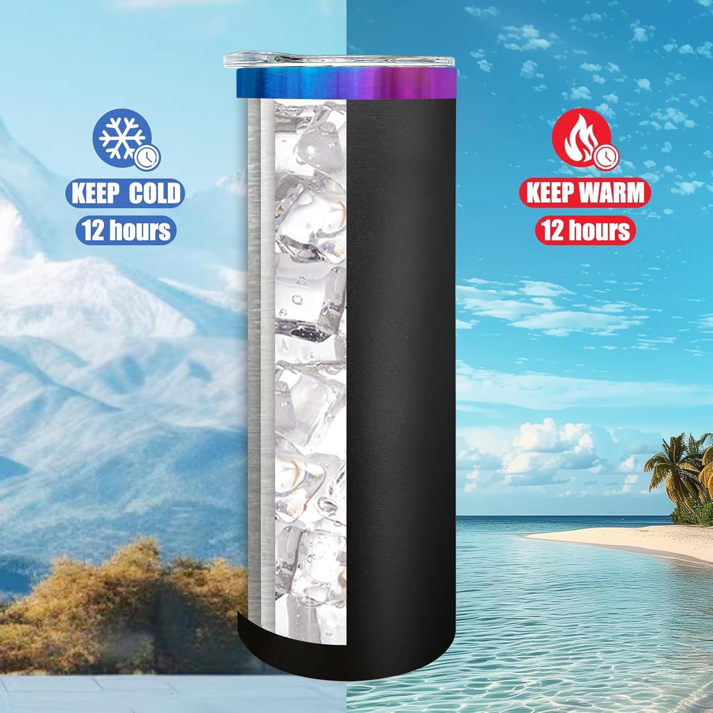 20 oz Skinny Tumblers Bulk, Stainless Steel Insulated Tumbler with Lids and Straws, Slim Double Wall Powder Coated Travel Coffee Mugs Reusable Cup for Hot Cold Drinks (Black,1 pack)