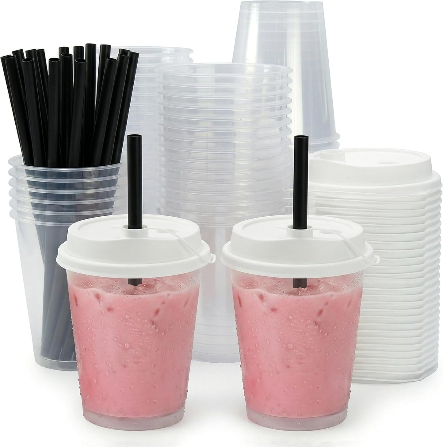 100 Sets Bulk Frosted Disposable Hard Plastic Cups With Straws Lids,90mm Disposable Bubble Boba Milk Tea ToGo Cups Cold Hot Plastic coffee Boba Tea Business TakeAway Supplies (16, ounces)