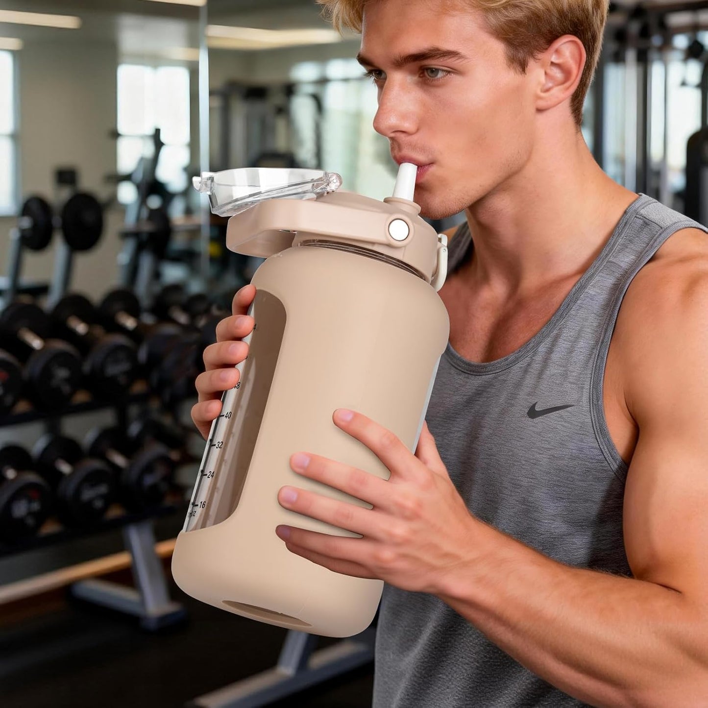 64oz Glass Water Bottles with Straw, Half Gallon Motivational Glass Bottle with Silicone Sleeve and Time Marker, 2L Leakproof Large Glass Water Jug for Gym Home Office,olive